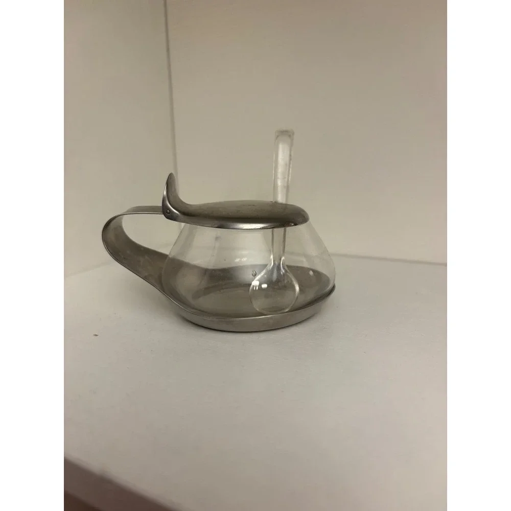 Vintage MCM Stainless Steel and Glass Jam Pot with Spoon Germany Mid Century